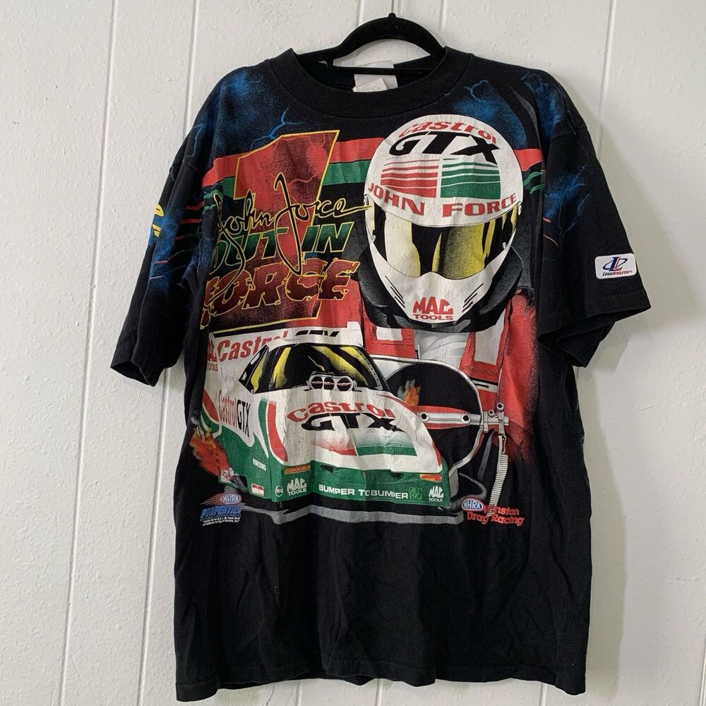 Vtg Logo Athletics Adult Large John Force Winston Racing Black Single Stitch